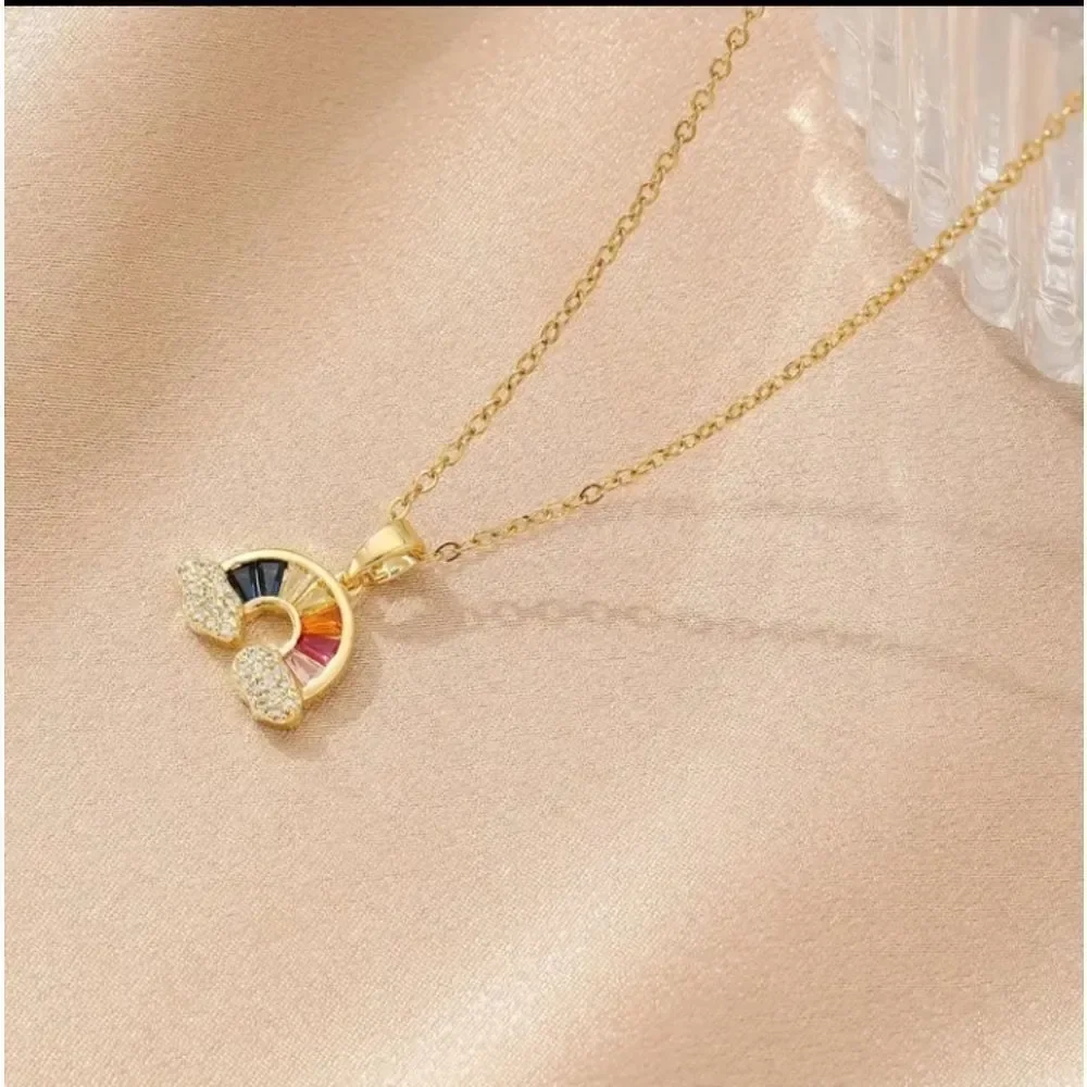 18K Gold Plates Diamond Rainbow & Clouds Necklace